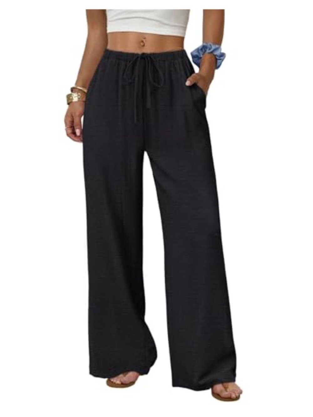 Wide Leg Palazzo Pants Drawstring Elastic Waist with Pockets Flowy Summer
